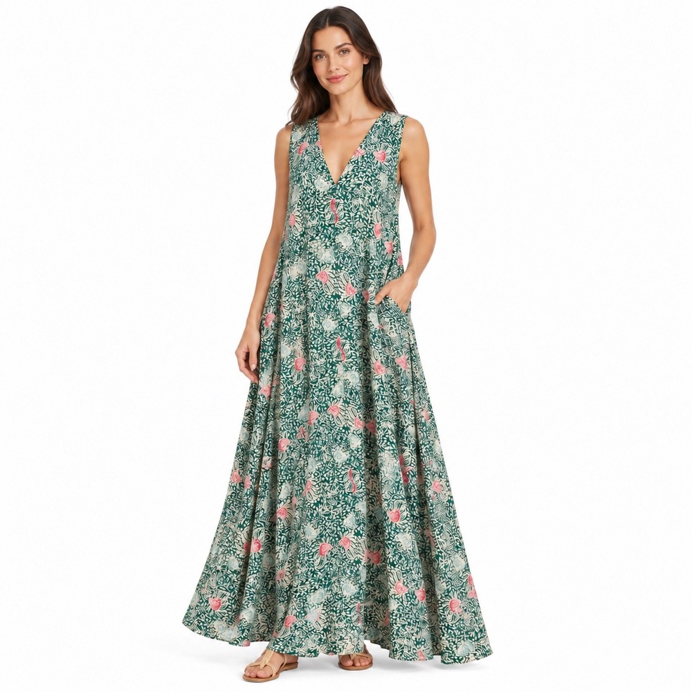 Natalie Martin Tova Maxi Dress M 100% Silk Teal Floral Batik V-Neck Sleeveless